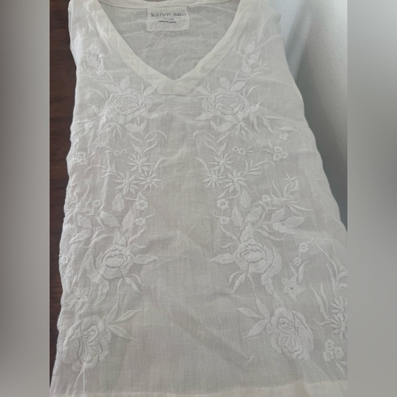 Karyn Seo Roxy Tonal Floral Embroidered V-Neck Linen Elbow Sleeve Boxy Top Small - Picture 5 of 11